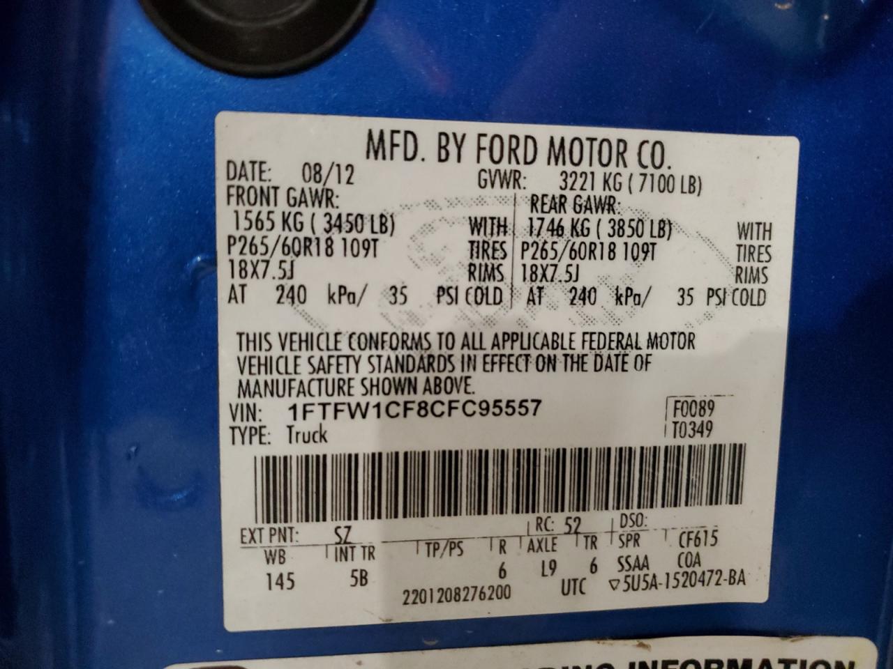 2012 Ford F-150 VIN 1FTFW1CF8CFC95557 Copart auction photo, front end / side damage thumbnail 12