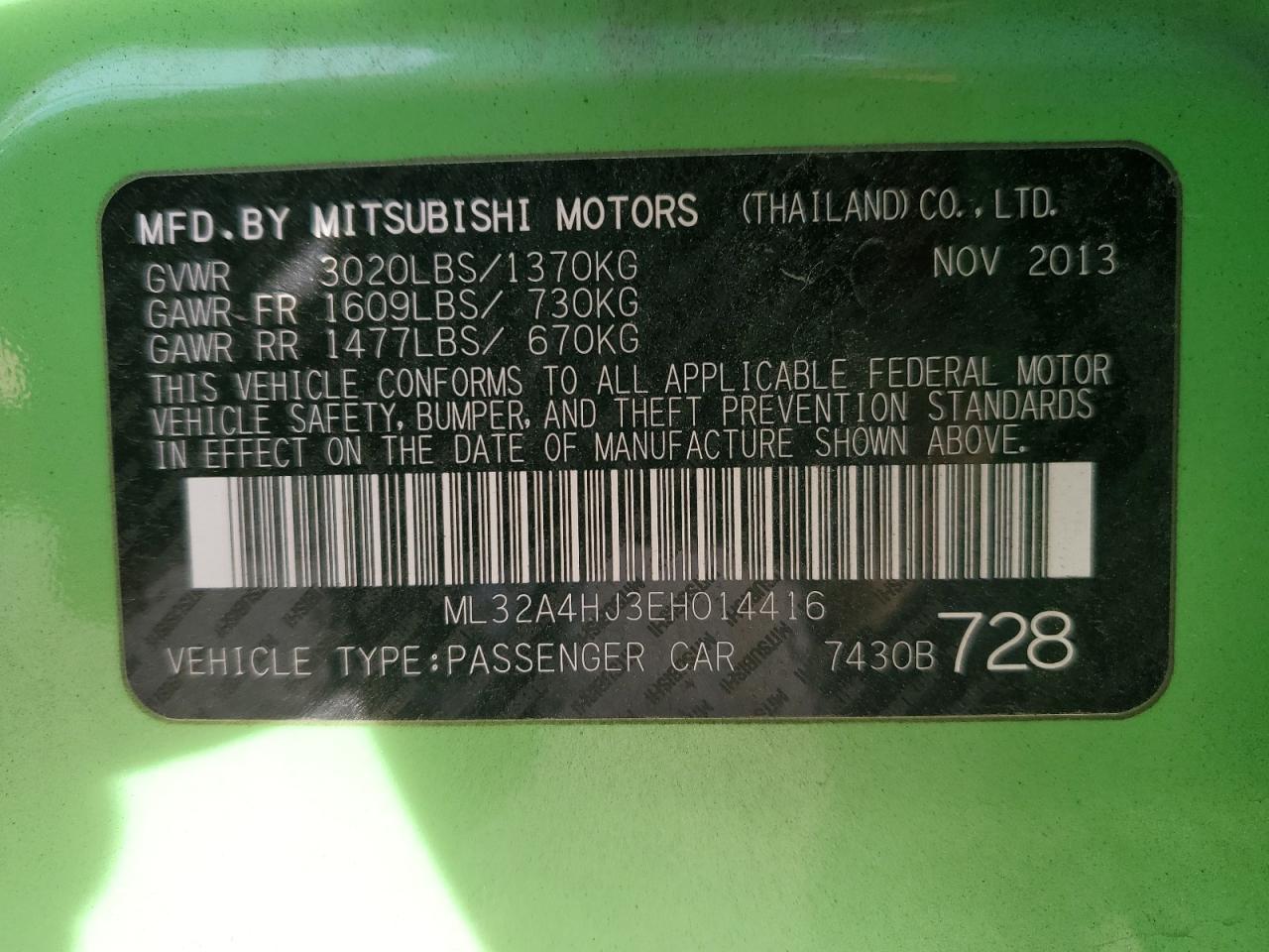 2014 Mitsubishi Mirage VIN ML32A4HJ3EH014416 Copart auction photo, front end / minor dent/scratches damage thumbnail 12