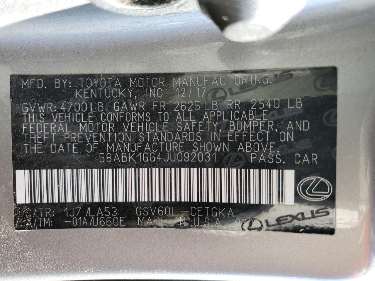 2018 Lexus ES VIN 58ABK1GG4JU092031 Copart auction photo, rear end damage thumbnail 14