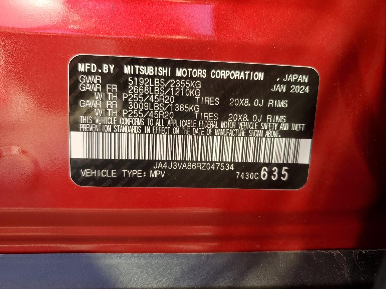 2024 Mitsubishi Outlander VIN JA4J3VA86RZ047534 Copart auction photo, front end damage thumbnail 14