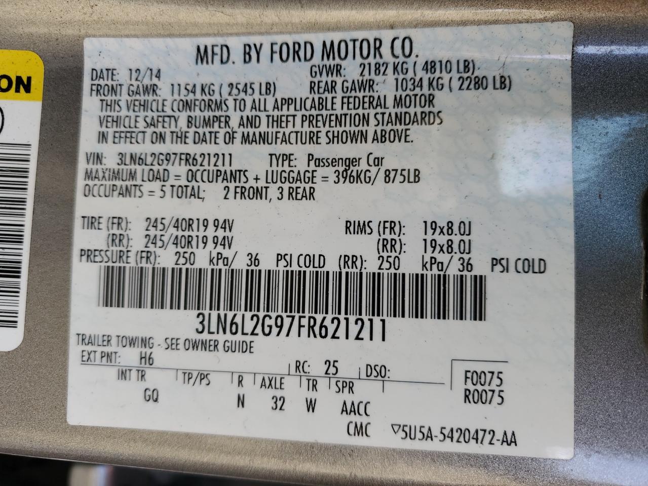 2015 Lincoln MKZ VIN 3LN6L2G97FR621211 Copart auction photo, front end damage thumbnail 12