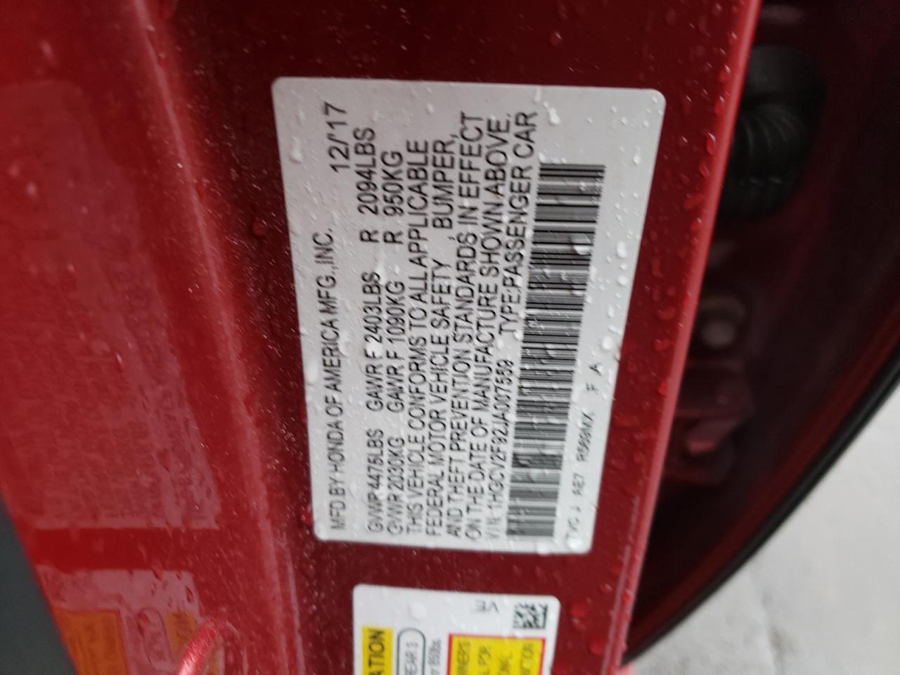 2018 Honda Accord VIN 1HGCV2F92JA007559 Copart auction photo, rear end / front end damage thumbnail 14
