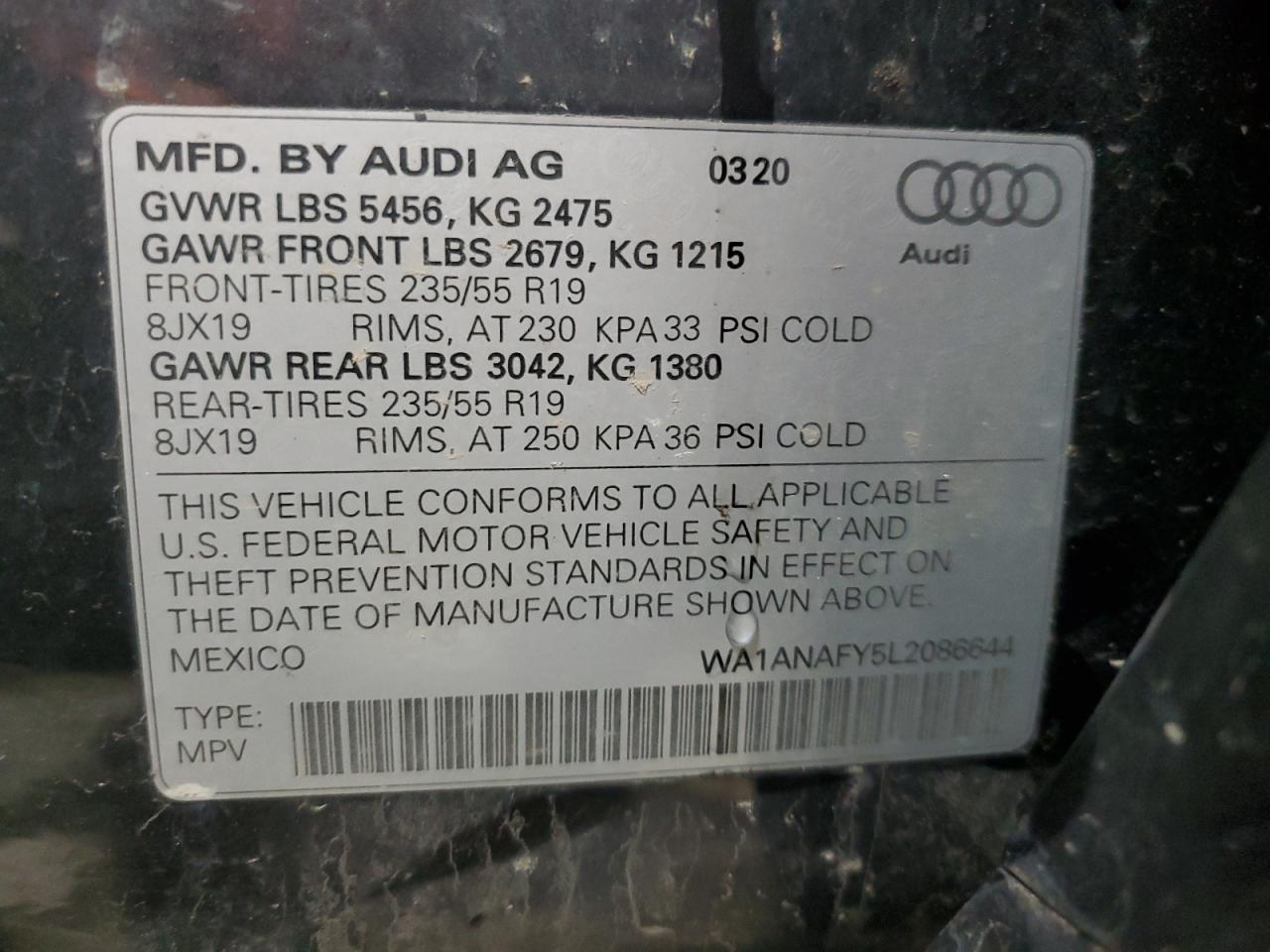 2020 Audi Q5 VIN WA1ANAFY5L2086644 Copart auction photo, front end damage thumbnail 14