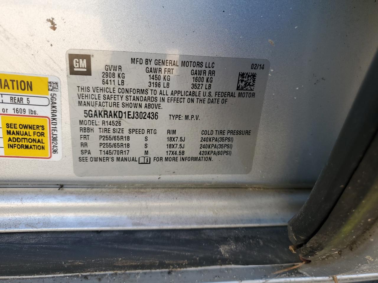 2014 Buick Enclave VIN 5GAKRAKD1EJ302436 Copart auction photo, all over damage thumbnail 13