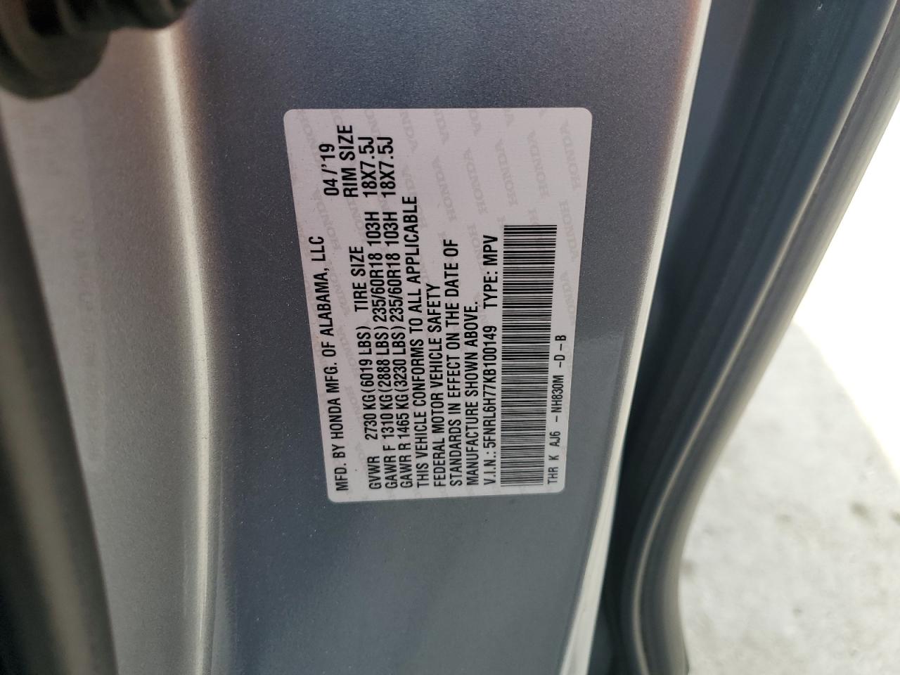 2019 Honda Odyssey VIN 5FNRL6H77KB100149 Copart auction photo, front end damage thumbnail 13