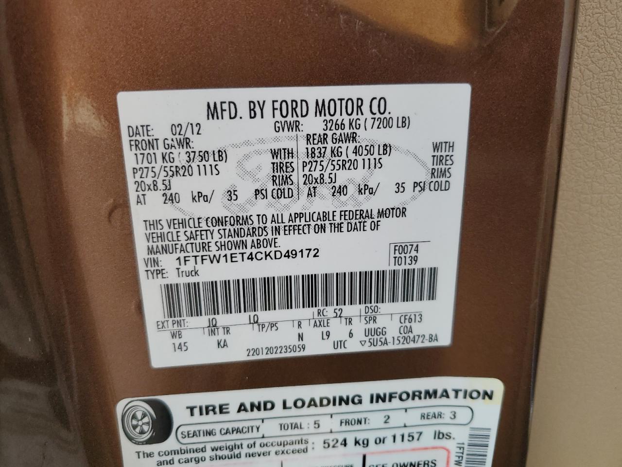 2012 Ford F-150 VIN 1FTFW1ET4CKD49172 Copart auction photo, front end / minor dent/scratches damage thumbnail 14