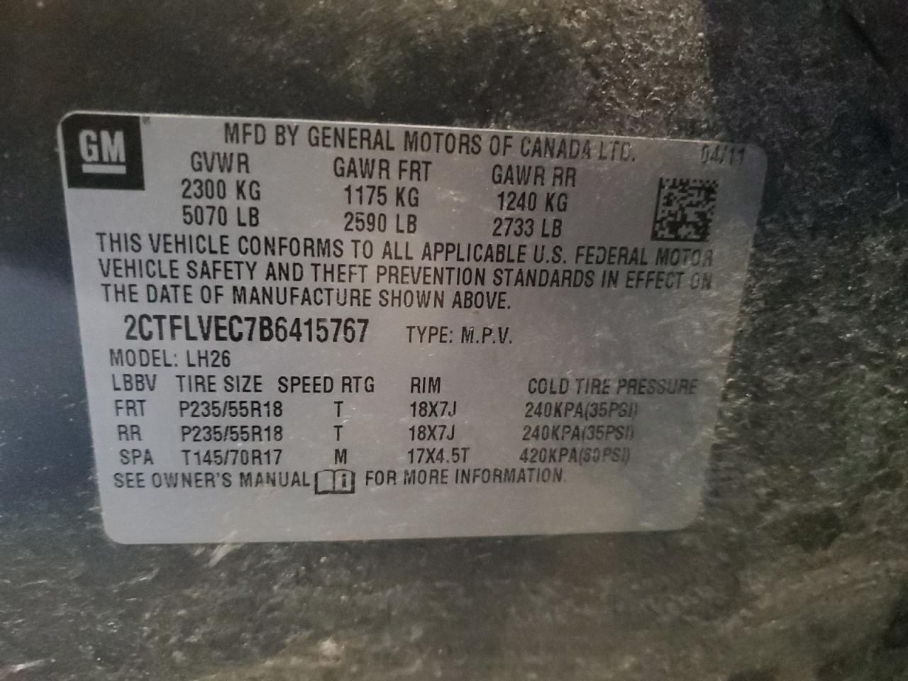 2011 GMC Terrain VIN 2CTFLVEC7B6415767 Copart auction photo, front end damage thumbnail 12