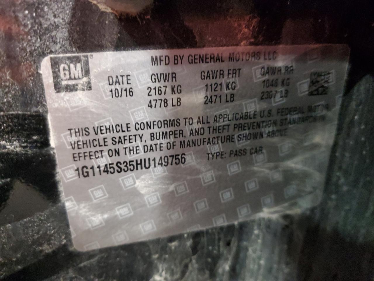 2017 Chevrolet Impala VIN 1G1145S35HU149756 Copart auction photo, front end damage thumbnail 12