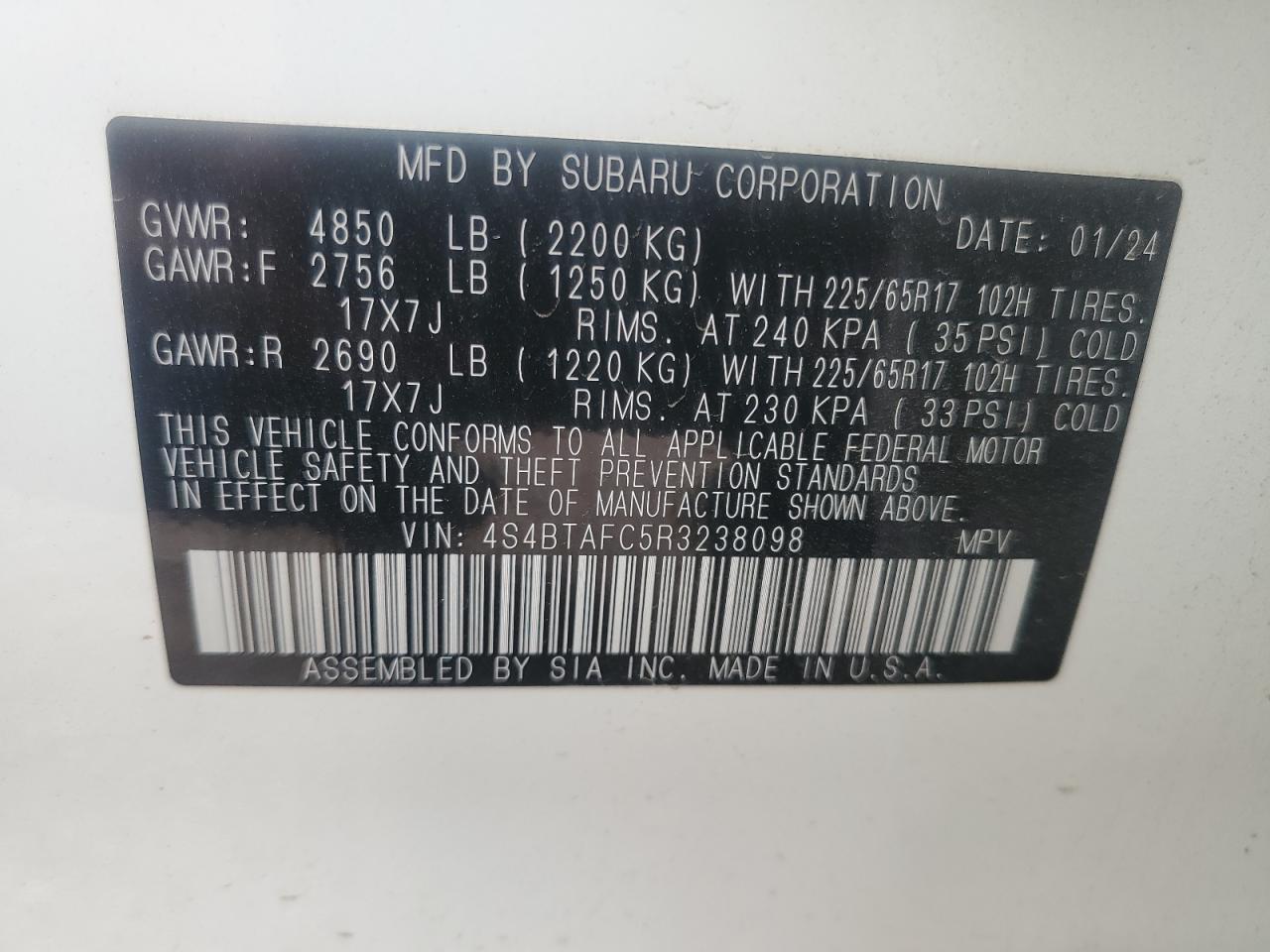 2024 Subaru Outback VIN 4S4BTAFC5R3238098 Copart auction photo, front end damage thumbnail 16