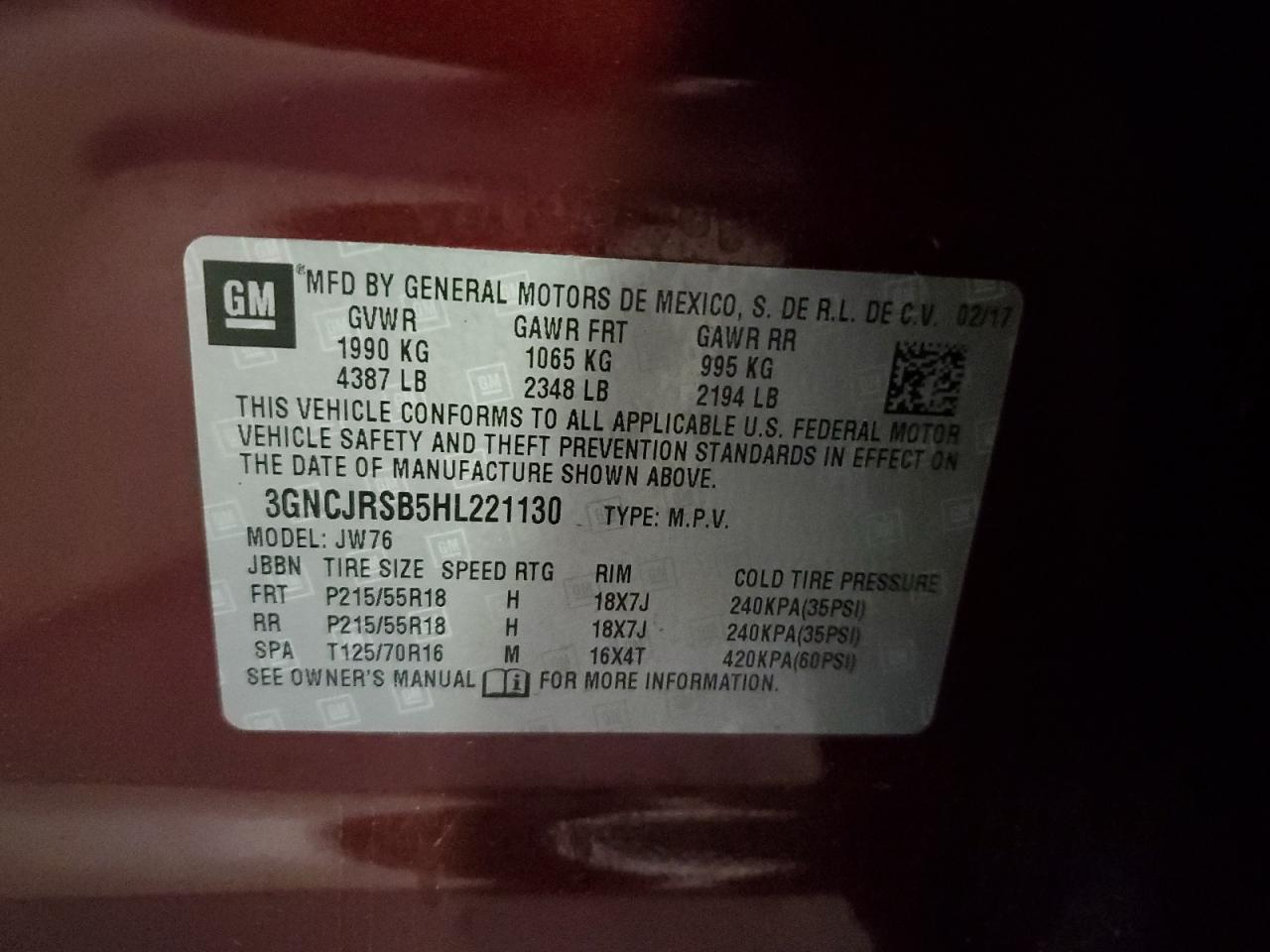 2017 Chevrolet Trax VIN 3GNCJRSB5HL221130 Copart auction photo, front end / minor dent/scratches damage thumbnail 13
