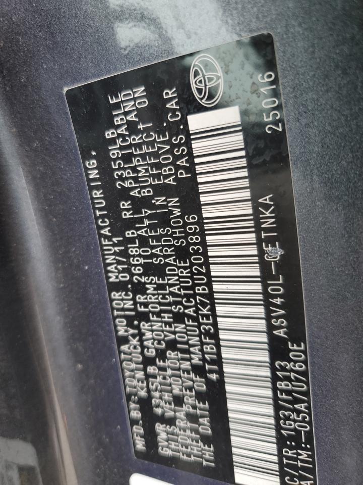 2011 Toyota Camry VIN 4T1BF3EK7BU203896 Copart auction photo, rear end damage thumbnail 12