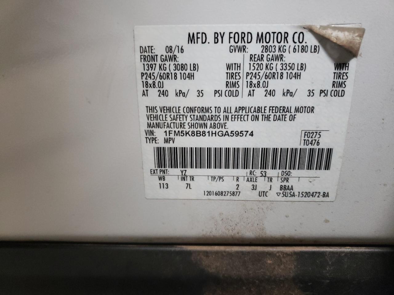 2017 Ford Explorer VIN 1FM5K8B81HGA59574 Copart auction photo, undercarriage damage thumbnail 14