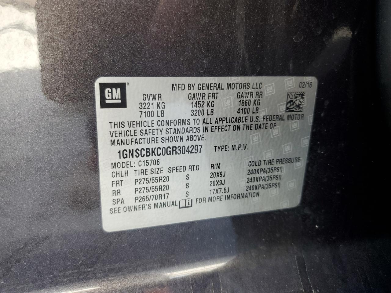 2016 Chevrolet Tahoe VIN 1GNSCBKC0GR304297 Copart auction photo, front end damage thumbnail 13