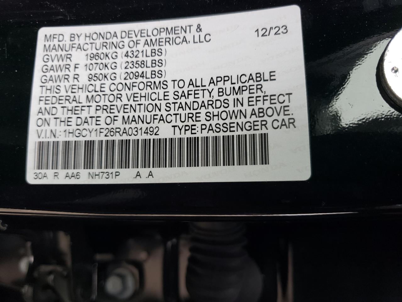 2024 Honda Accord VIN 1HGCY1F26RA031492 Copart auction photo, front end damage thumbnail 14