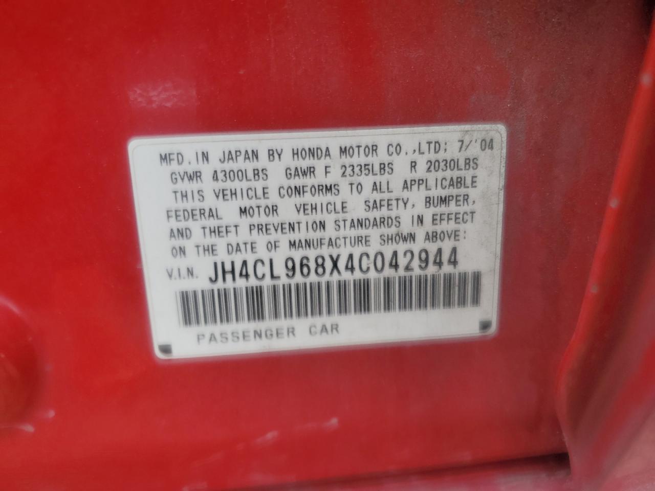 2004 Acura TSX VIN JH4CL968X4C042944 Copart auction photo, front end damage thumbnail 12