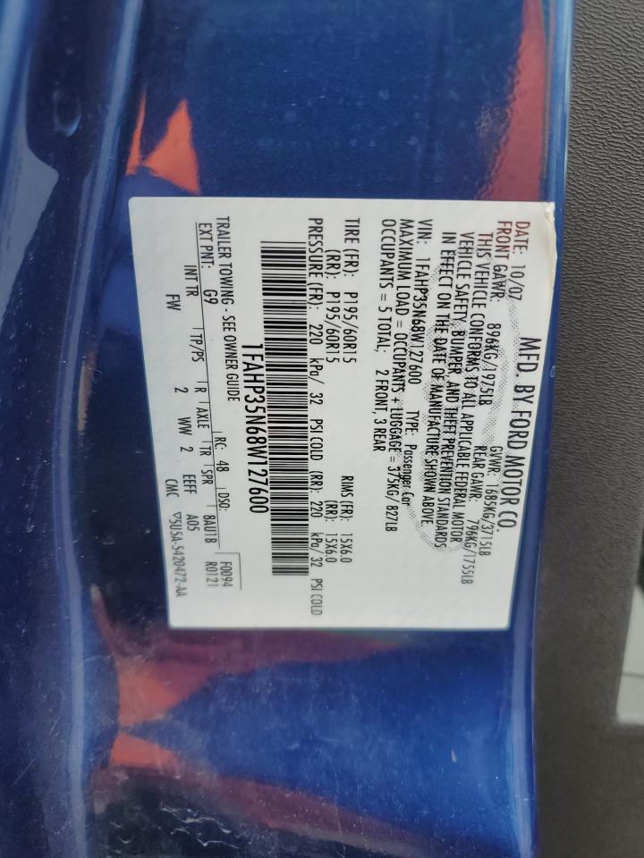 2008 Ford Focus VIN 1FAHP35N68W127600 Copart auction photo, rear end damage thumbnail 12