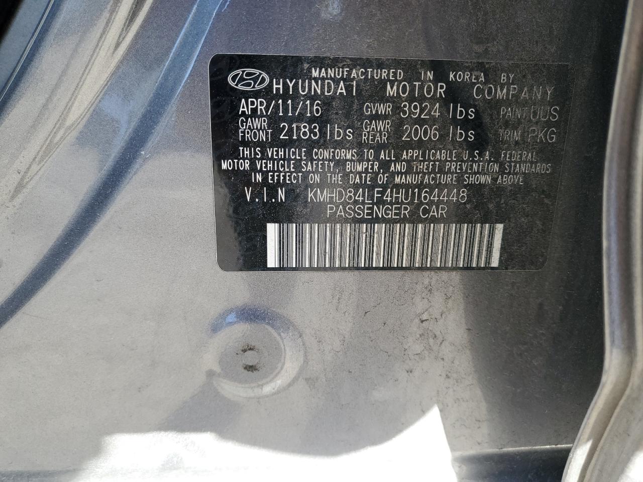 2017 Hyundai Elantra VIN KMHD84LF4HU164448 Copart auction photo, front end damage thumbnail 12
