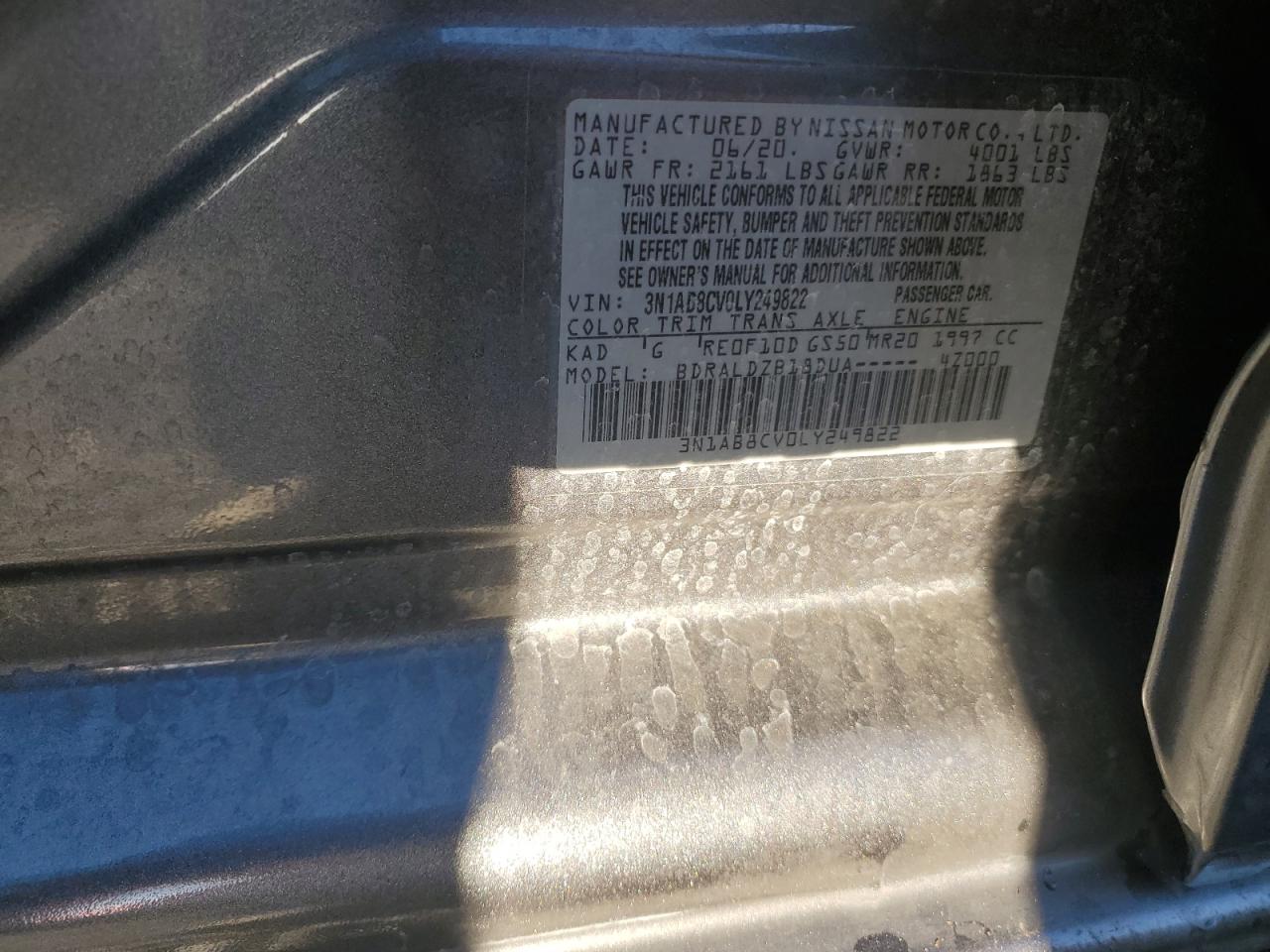 2020 Nissan Sentra VIN 3N1AB8CV0LY249822 Copart auction photo, rear end / front end damage thumbnail 14