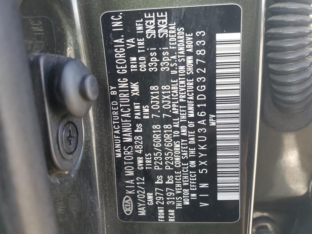 2013 KIA Sorento VIN 5XYKU3A61DG327833 Copart auction photo, front end / rear end damage thumbnail 15