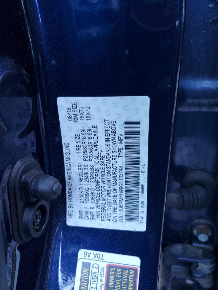 2016 Honda CR-V VIN 5J6RM4H99GL103748 Copart auction photo, rear end damage thumbnail 11