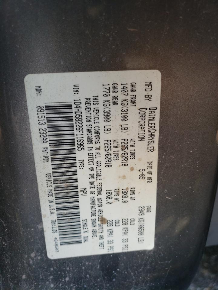 2006 Dodge Durango VIN 1D4HD58226F116965 Copart auction photo, rear end / side damage thumbnail 13