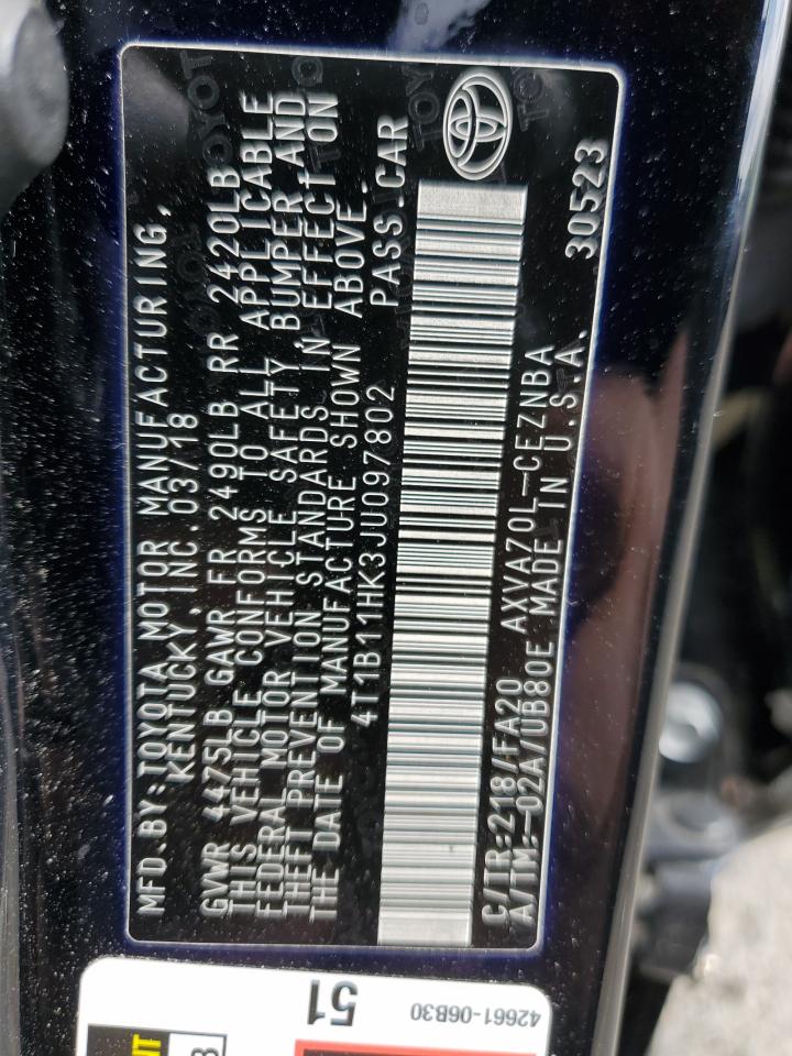 2018 Toyota Camry VIN 4T1B11HK3JU097802 Copart auction photo, front end / side damage thumbnail 12