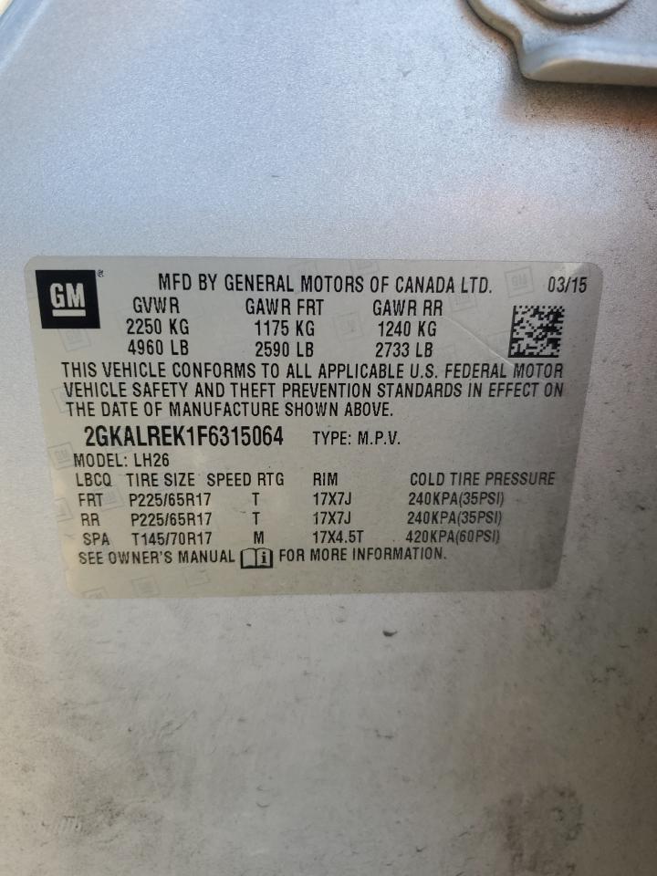 2015 GMC Terrain VIN 2GKALREK1F6315064 Copart auction photo, normal wear / mechanical damage thumbnail 13