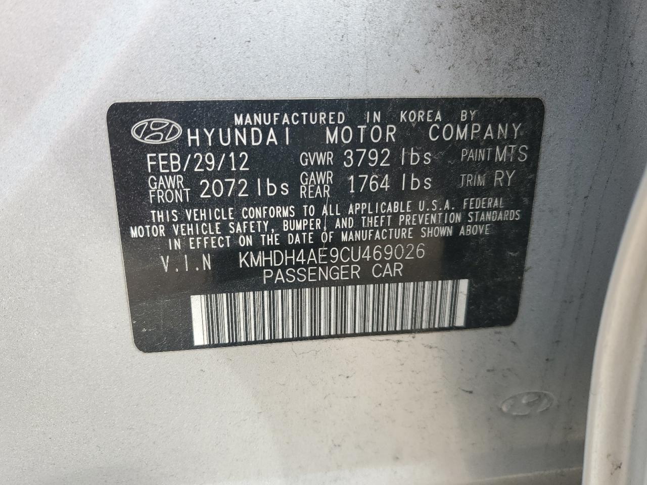 2012 Hyundai Elantra VIN KMHDH4AE9CU469026 Copart auction photo, side damage thumbnail 12