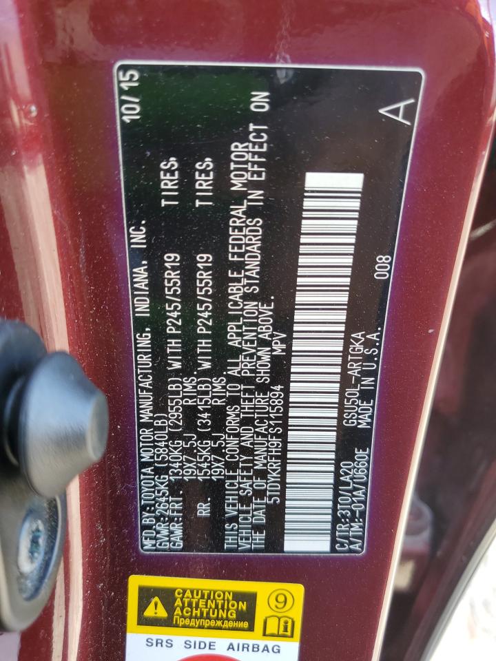 2015 Toyota Highlander VIN 5TDYKRFH9FS115894 Copart auction photo, front end damage thumbnail 15