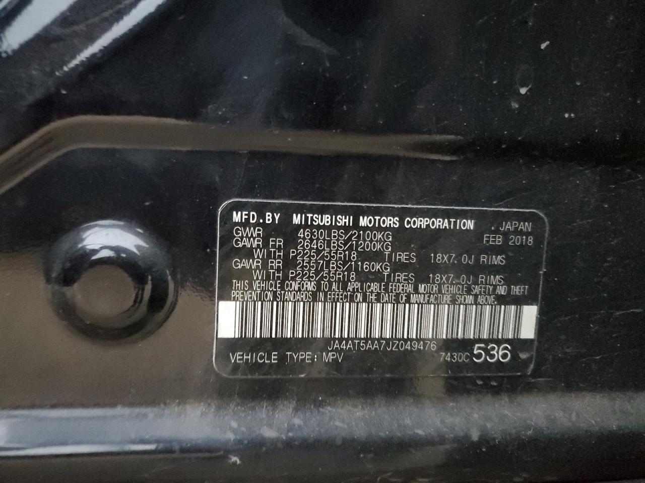 2018 Mitsubishi Eclipse VIN JA4AT5AA7JZ049476 Copart auction photo, front end / side damage thumbnail 12