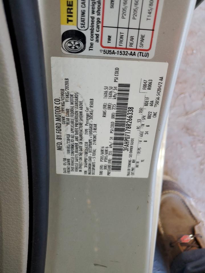 2008 Ford Fusion VIN 3FAHP07178R266338 Copart auction photo, side / minor dent/scratches damage thumbnail 12