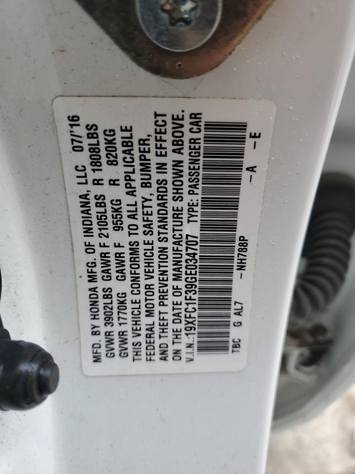2016 Honda Civic VIN 19XFC1F39GE034707 Copart auction photo, front end damage thumbnail 12