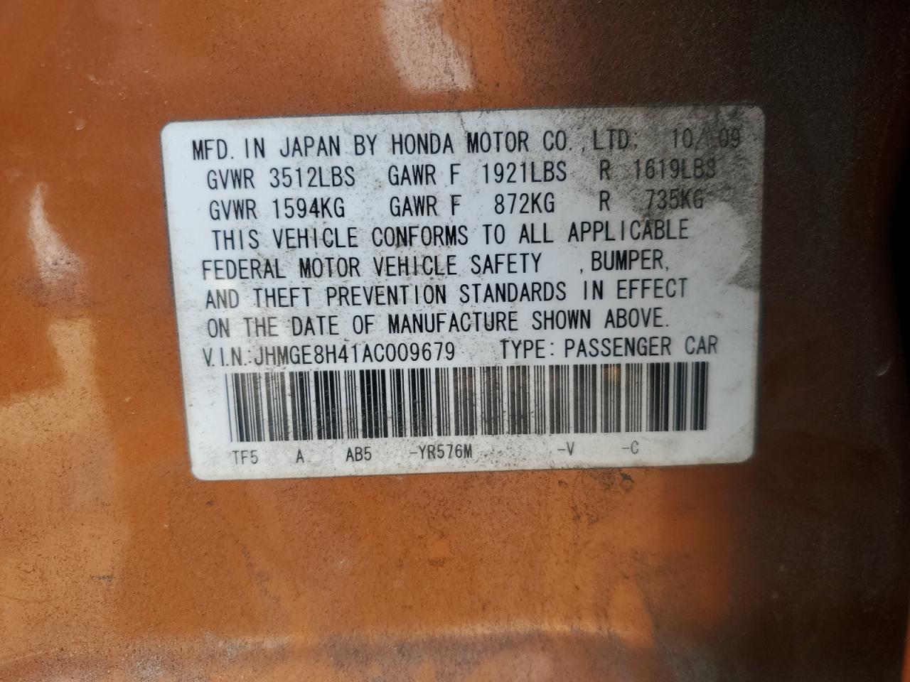 2010 Honda Fit VIN JHMGE8H41AC009679 Copart auction photo, front end / minor dent/scratches damage thumbnail 13