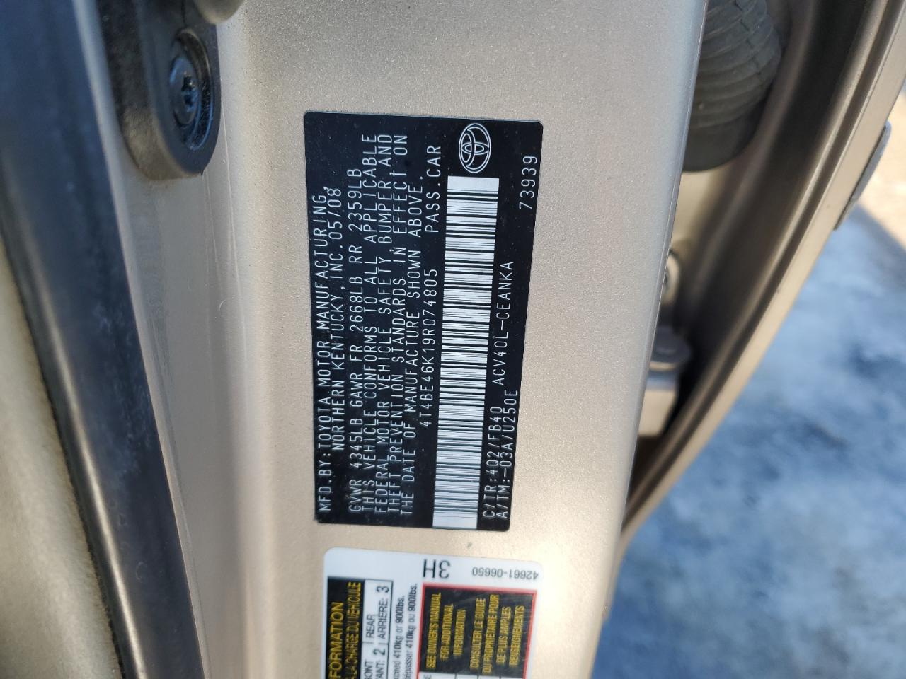 2009 Toyota Camry VIN 4T4BE46K19R074805 Copart auction photo, all over damage thumbnail 12