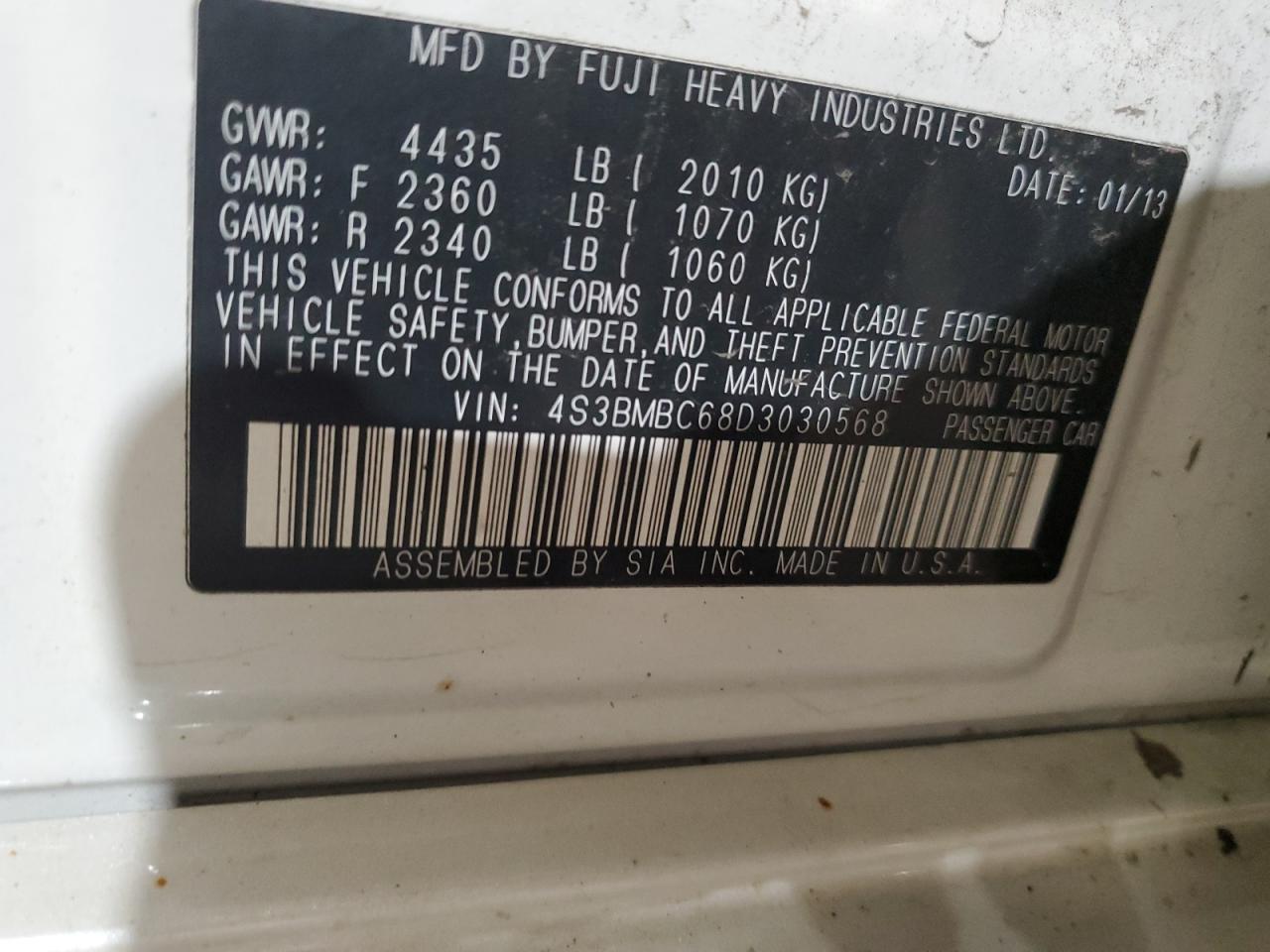 2013 Subaru Legacy VIN 4S3BMBC68D3030568 Copart auction photo, burn damage thumbnail 12