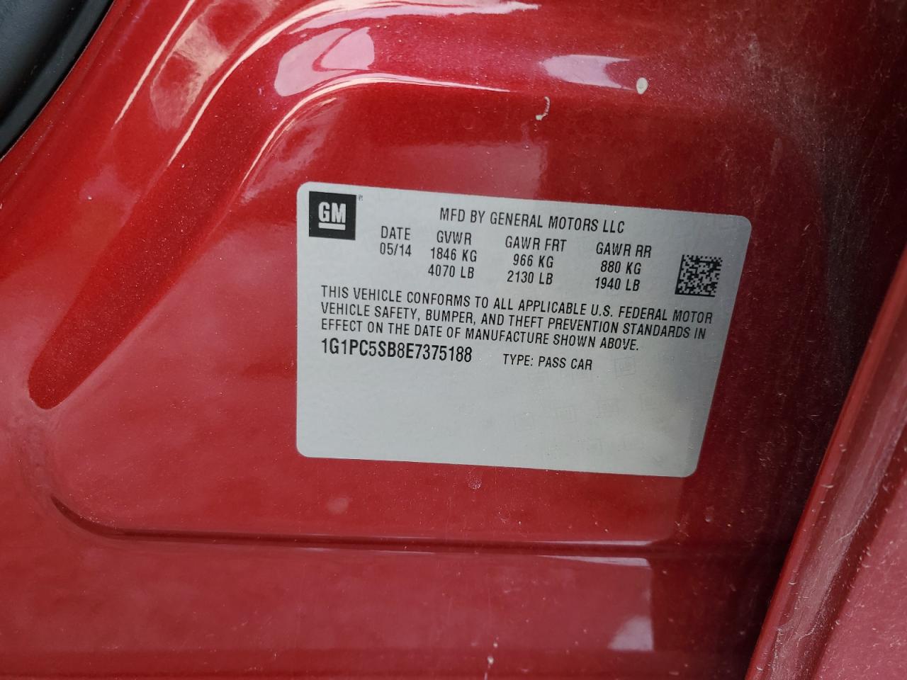 2014 Chevrolet Cruze VIN 1G1PC5SB8E7375188 Copart auction photo, rear end / front end damage thumbnail 12