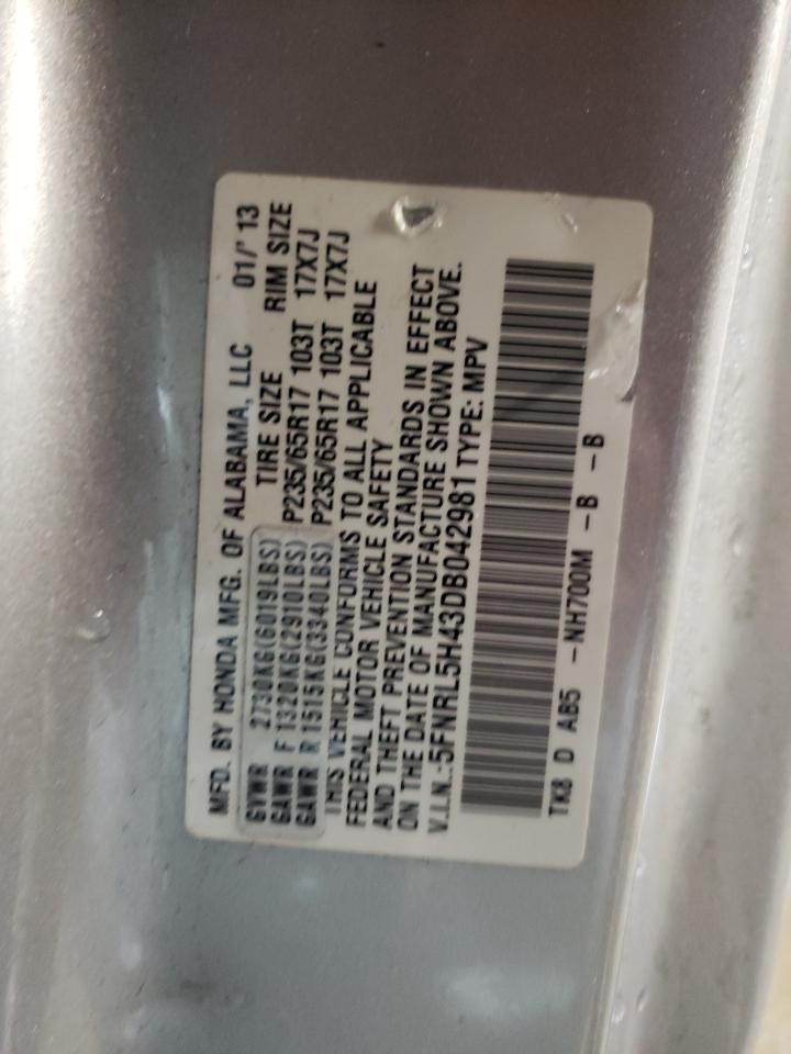 2013 Honda Odyssey VIN 5FNRL5H43DB042981 Copart auction photo, side / front end damage thumbnail 14