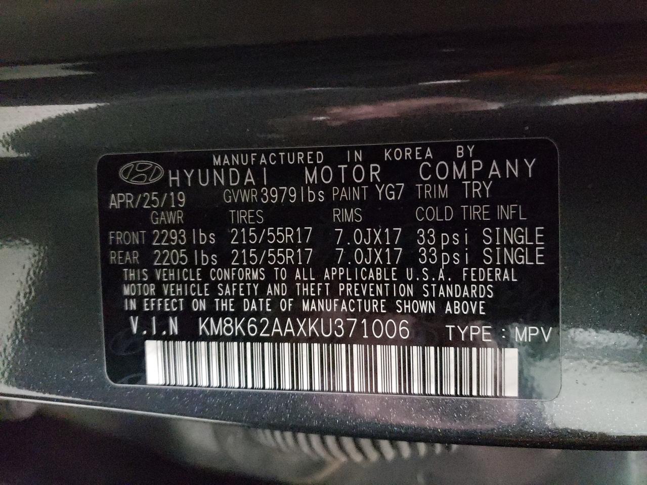2019 Hyundai Kona VIN KM8K62AAXKU371006 Copart auction photo, front end damage thumbnail 16