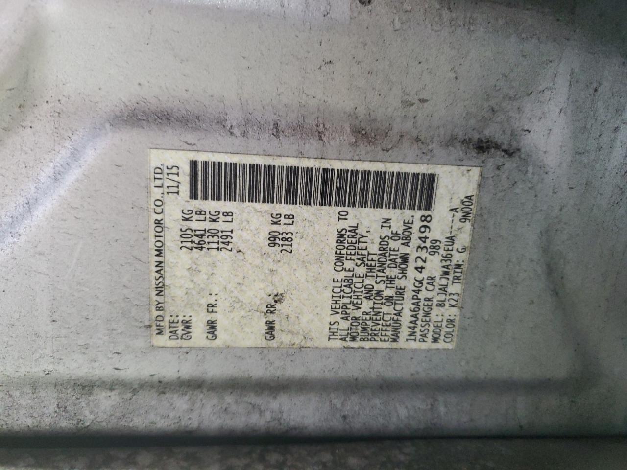 2016 Nissan Maxima VIN 1N4AA6AP4GC423498 Copart auction photo, front end damage thumbnail 13