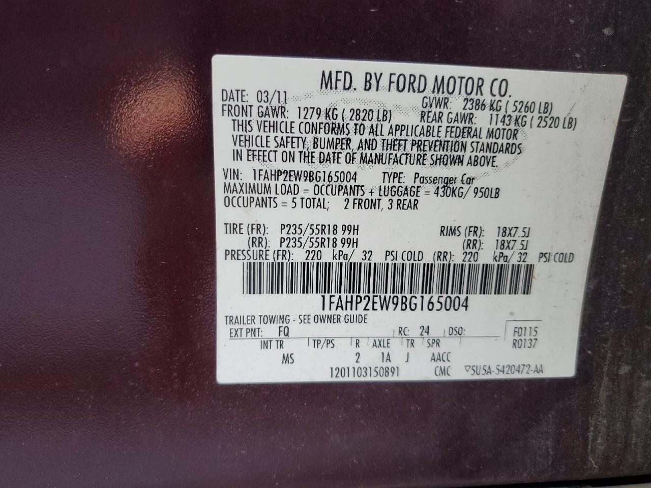 2011 Ford Taurus VIN 1FAHP2EW9BG165004 Copart auction photo, side damage thumbnail 14