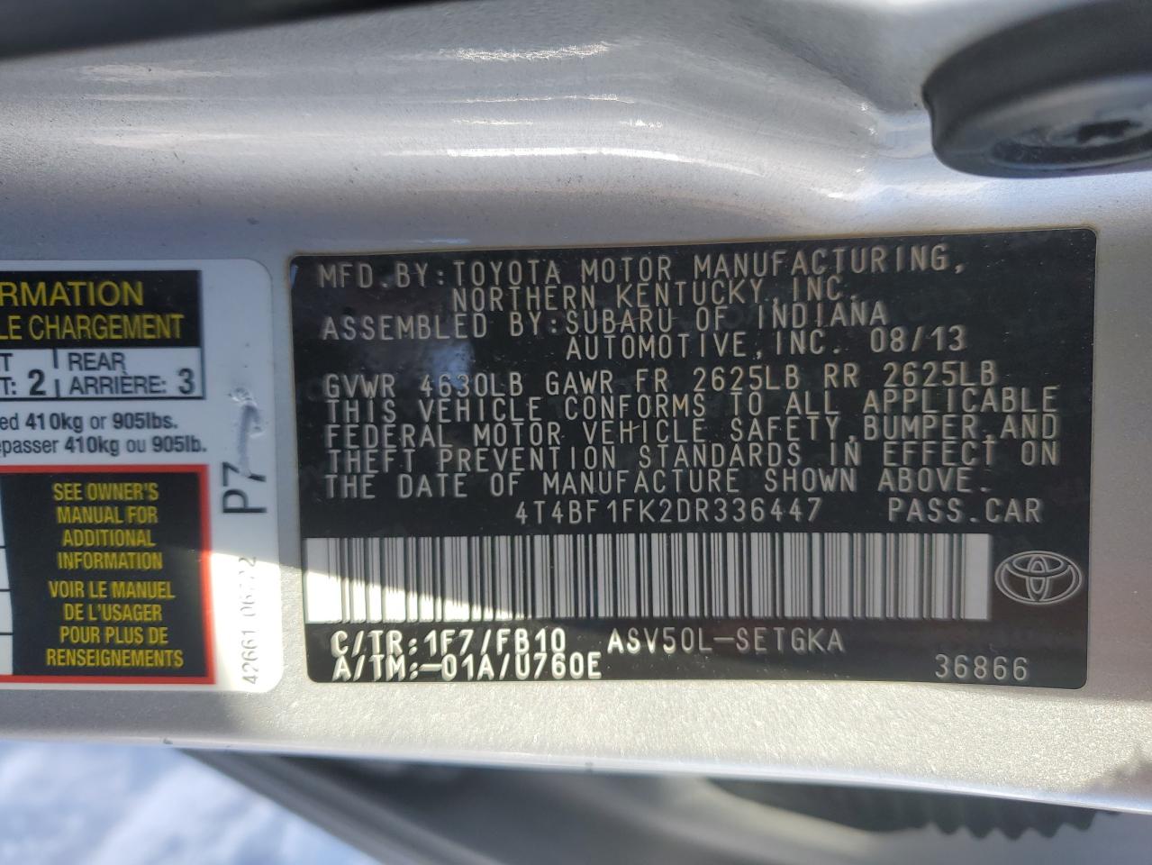 2013 Toyota Camry VIN 4T4BF1FK2DR336447 Copart auction photo, rear end / front end damage thumbnail 12