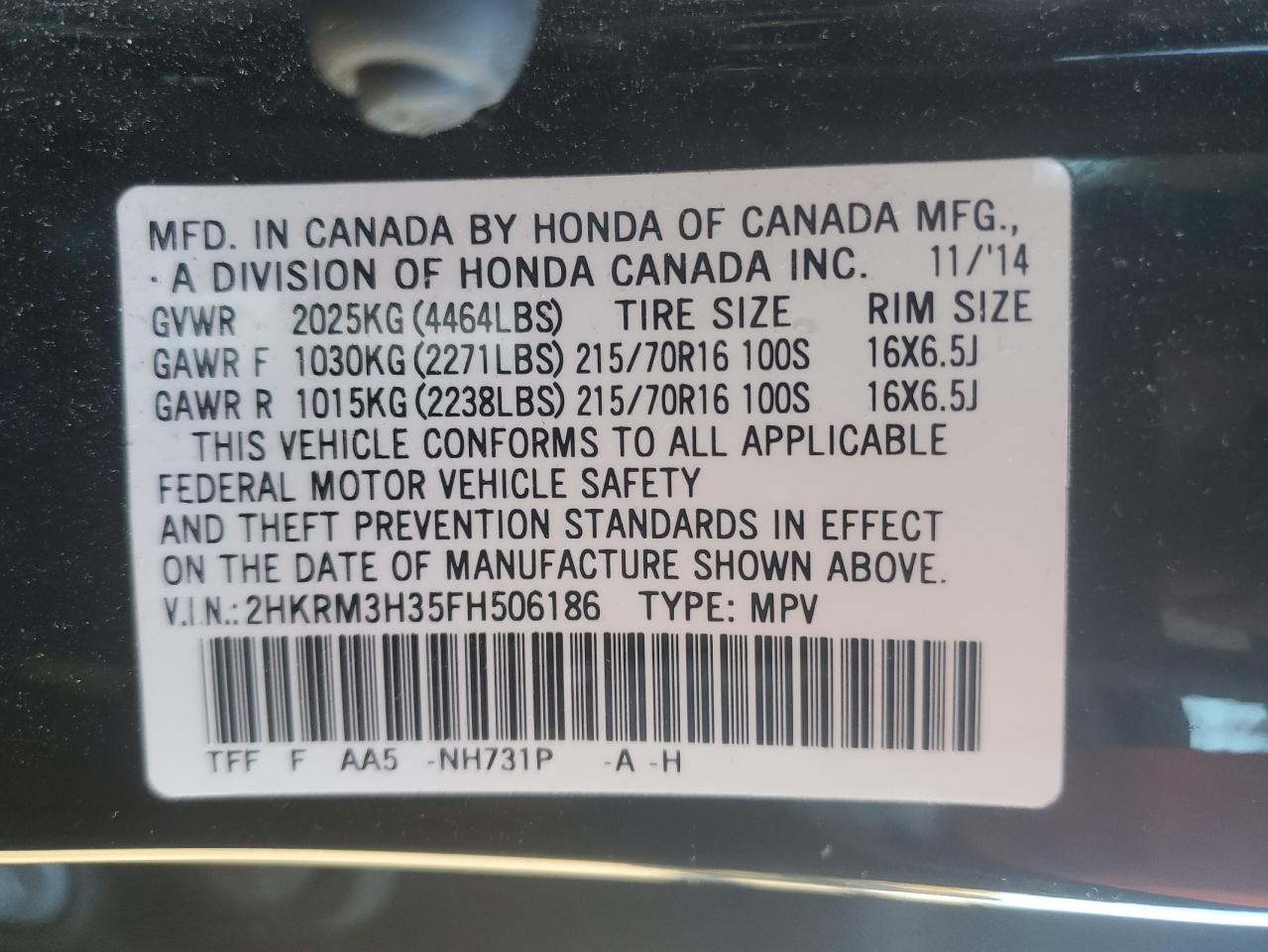 2015 Honda CR-V VIN 2HKRM3H35FH506186 Copart auction photo, front end / minor dent/scratches damage thumbnail 13