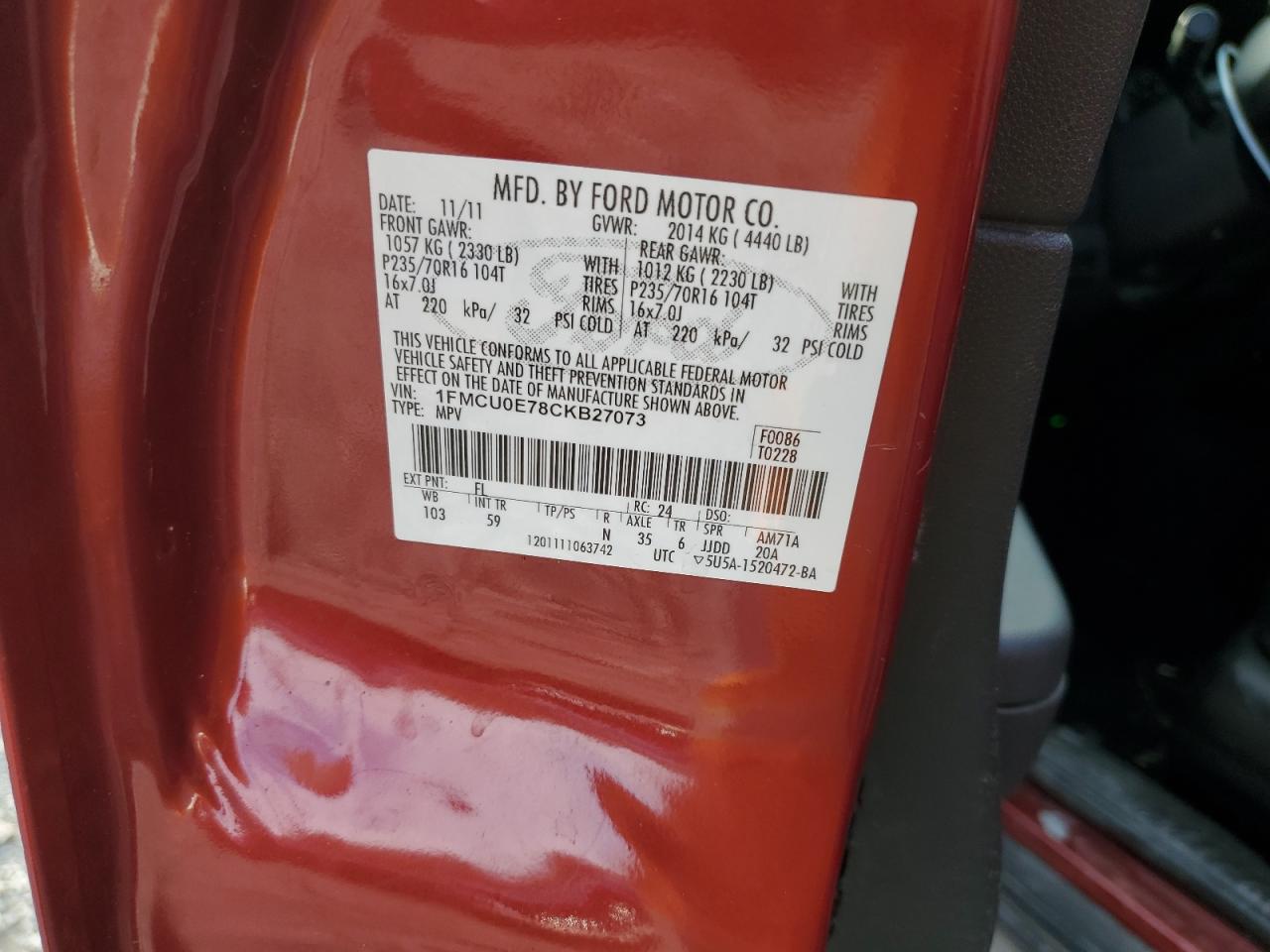 2012 Ford Escape VIN 1FMCU0E78CKB27073 Copart auction photo, rollover / front end damage thumbnail 15