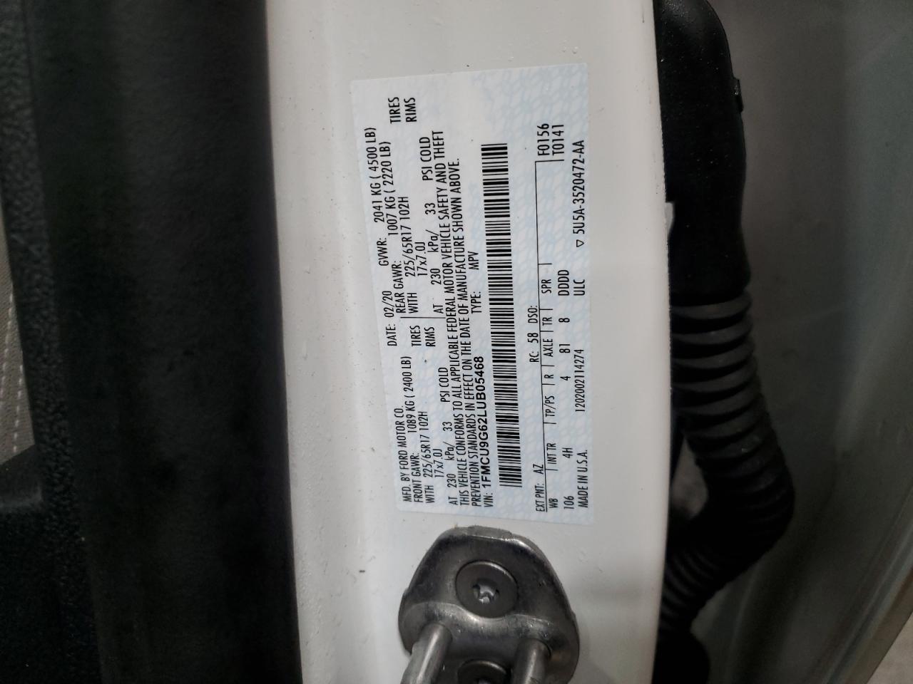 2020 Ford Escape VIN 1FMCU9G62LUB05468 Copart auction photo, front end damage thumbnail 13