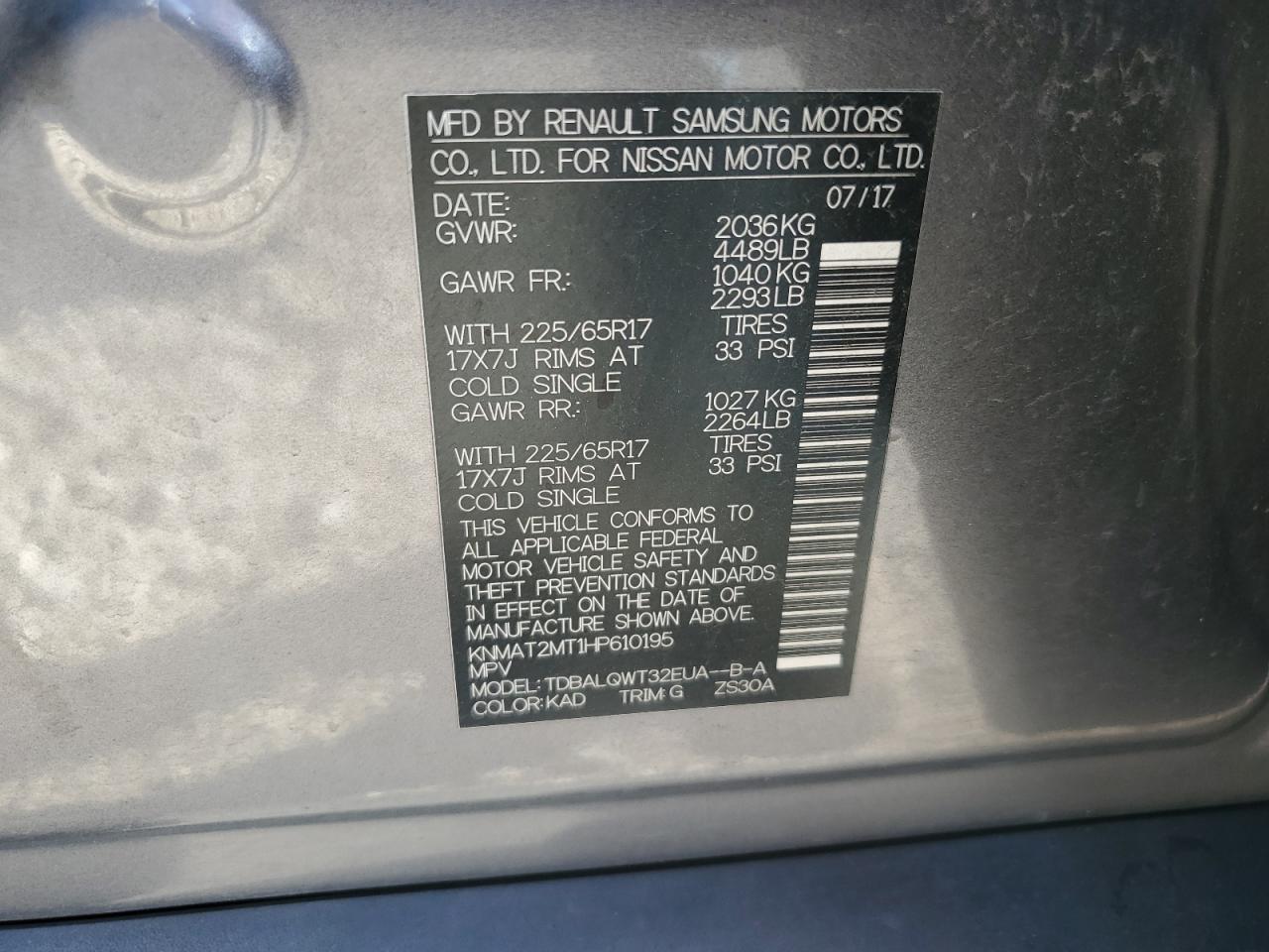 2017 Nissan Rogue VIN KNMAT2MT1HP610195 Copart auction photo, rear end damage thumbnail 13
