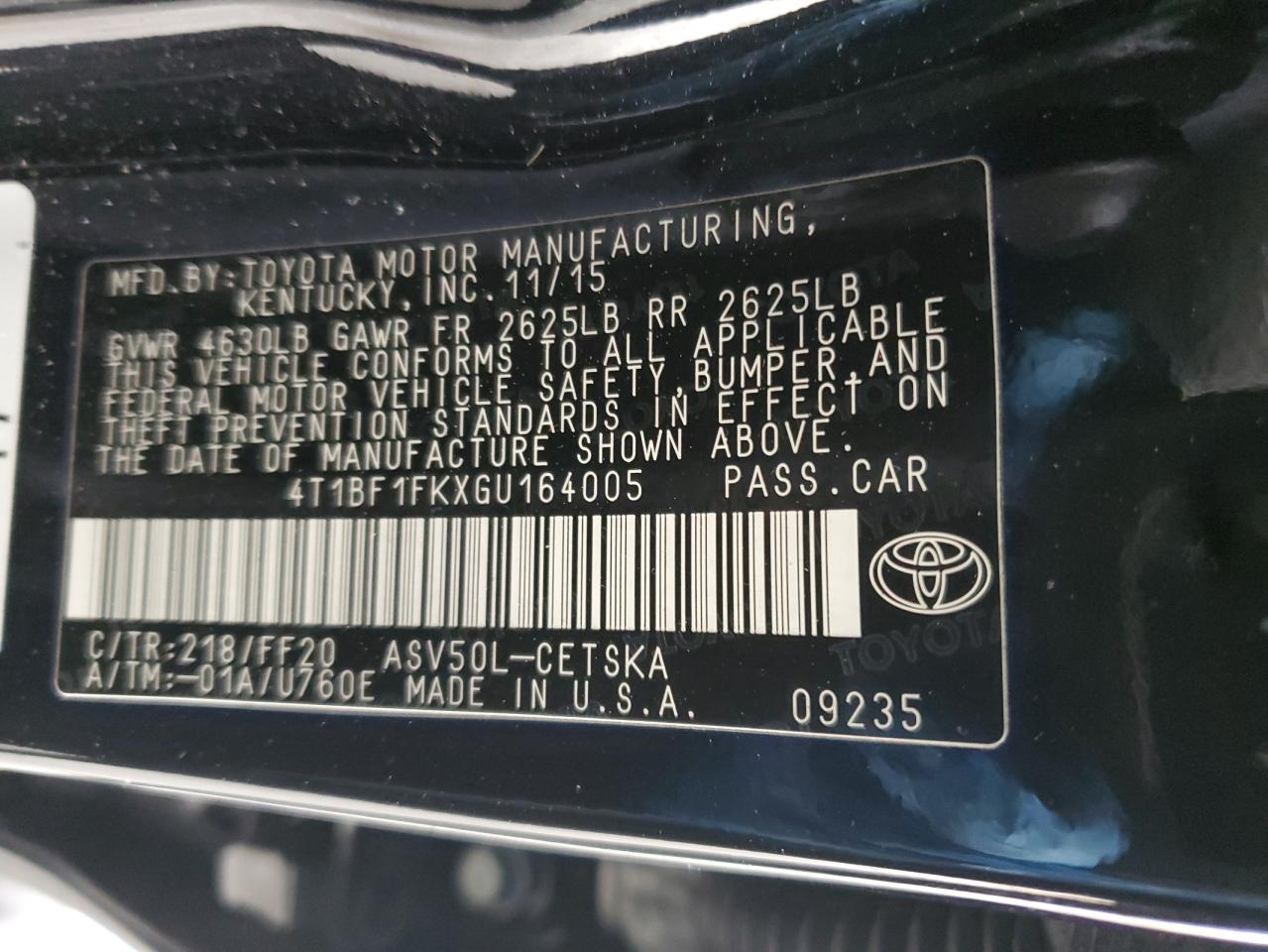 2016 Toyota Camry VIN 4T1BF1FKXGU164005 Copart auction photo, front end damage thumbnail 12
