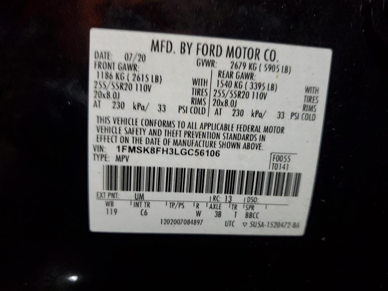 2020 Ford Explorer VIN 1FMSK8FH3LGC56106 Copart auction photo, rear end / all over damage thumbnail 13