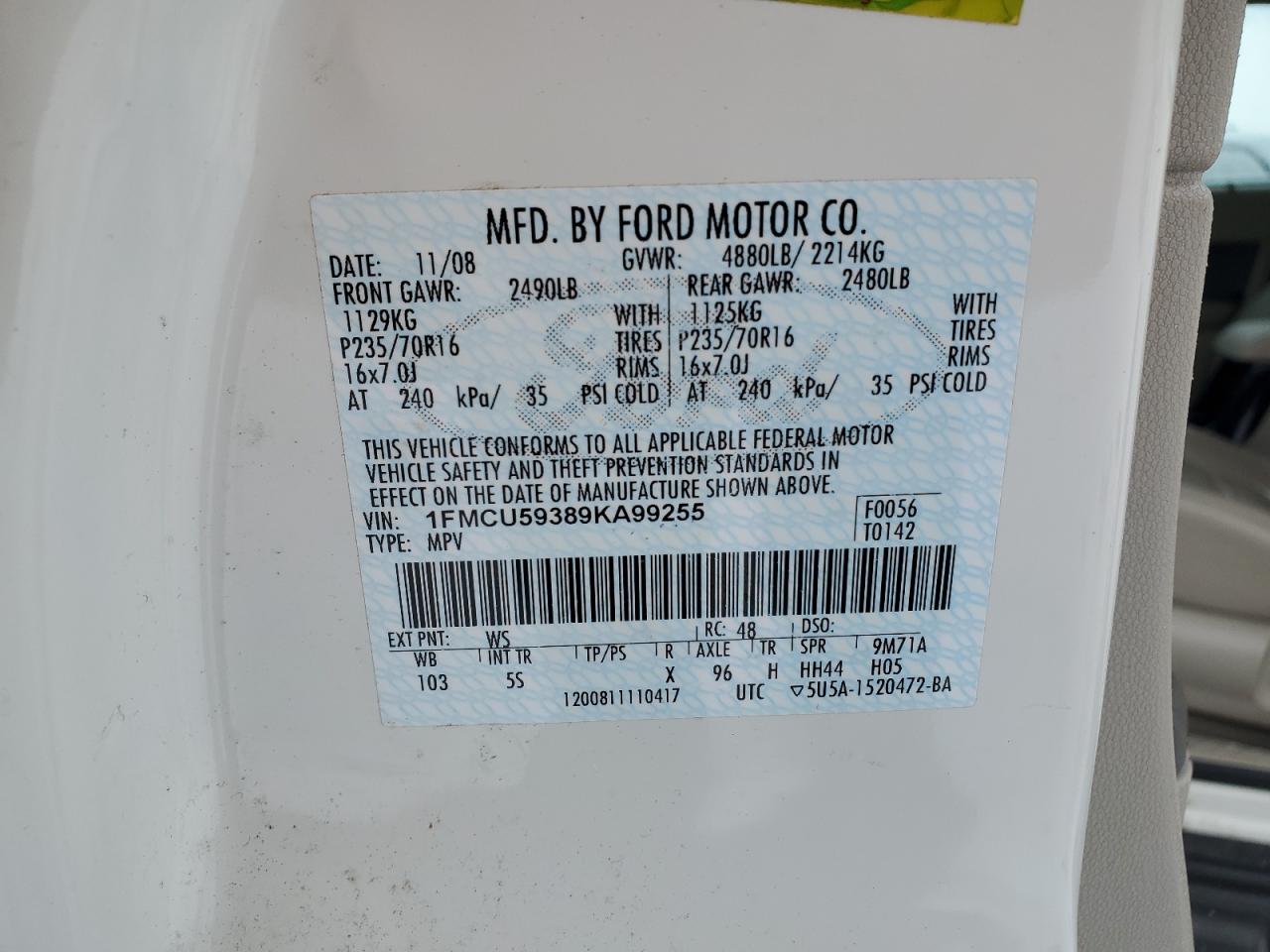 2009 Ford Escape VIN 1FMCU59389KA99255 Copart auction photo, rear end / side damage thumbnail 15
