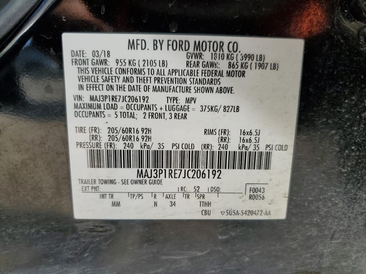 2018 Ford EcoSport VIN MAJ3P1RE7JC206192 Copart auction photo, mechanical / normal wear damage thumbnail 13