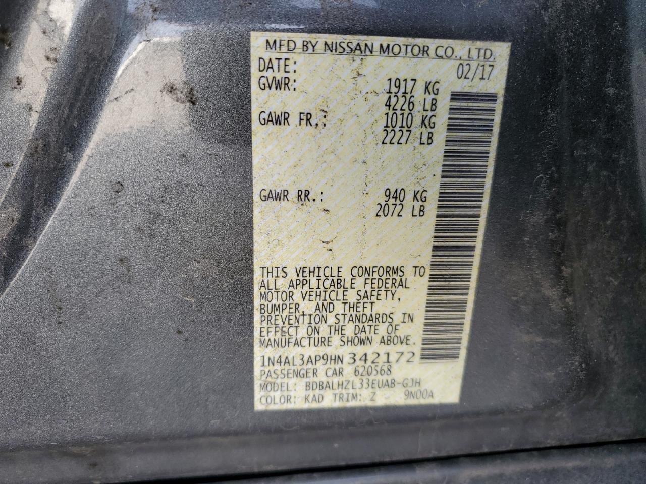 2017 Nissan Altima VIN 1N4AL3AP9HN342172 Copart auction photo, front end / side damage thumbnail 13